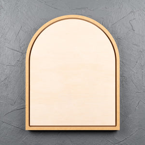 Framed arch natural pine wooden art board for acrylic paints, oil paints, pyrography, charcoal, pastel, structure medium, spray paint, gouache, pencil, resin.